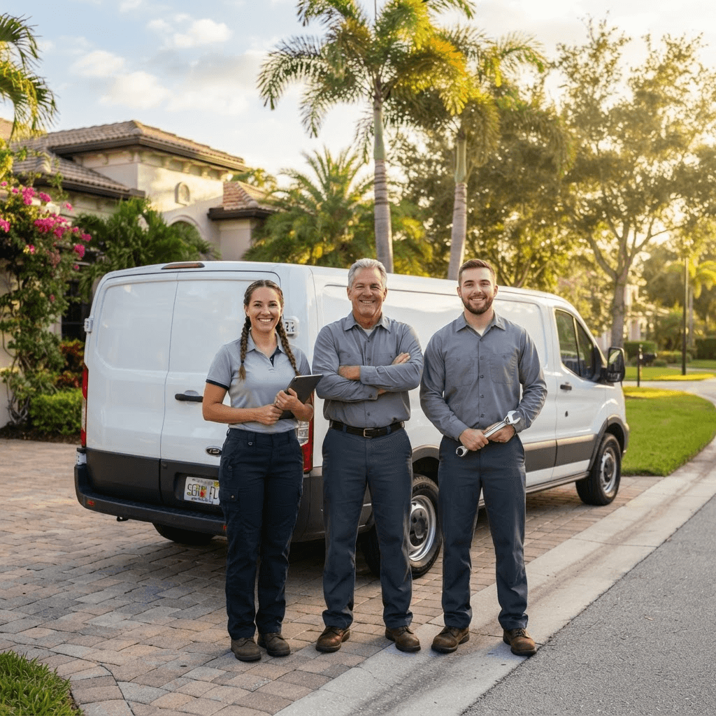 101 Prime Solution technicians standing in front of their service van in a Naples, Florida driveway